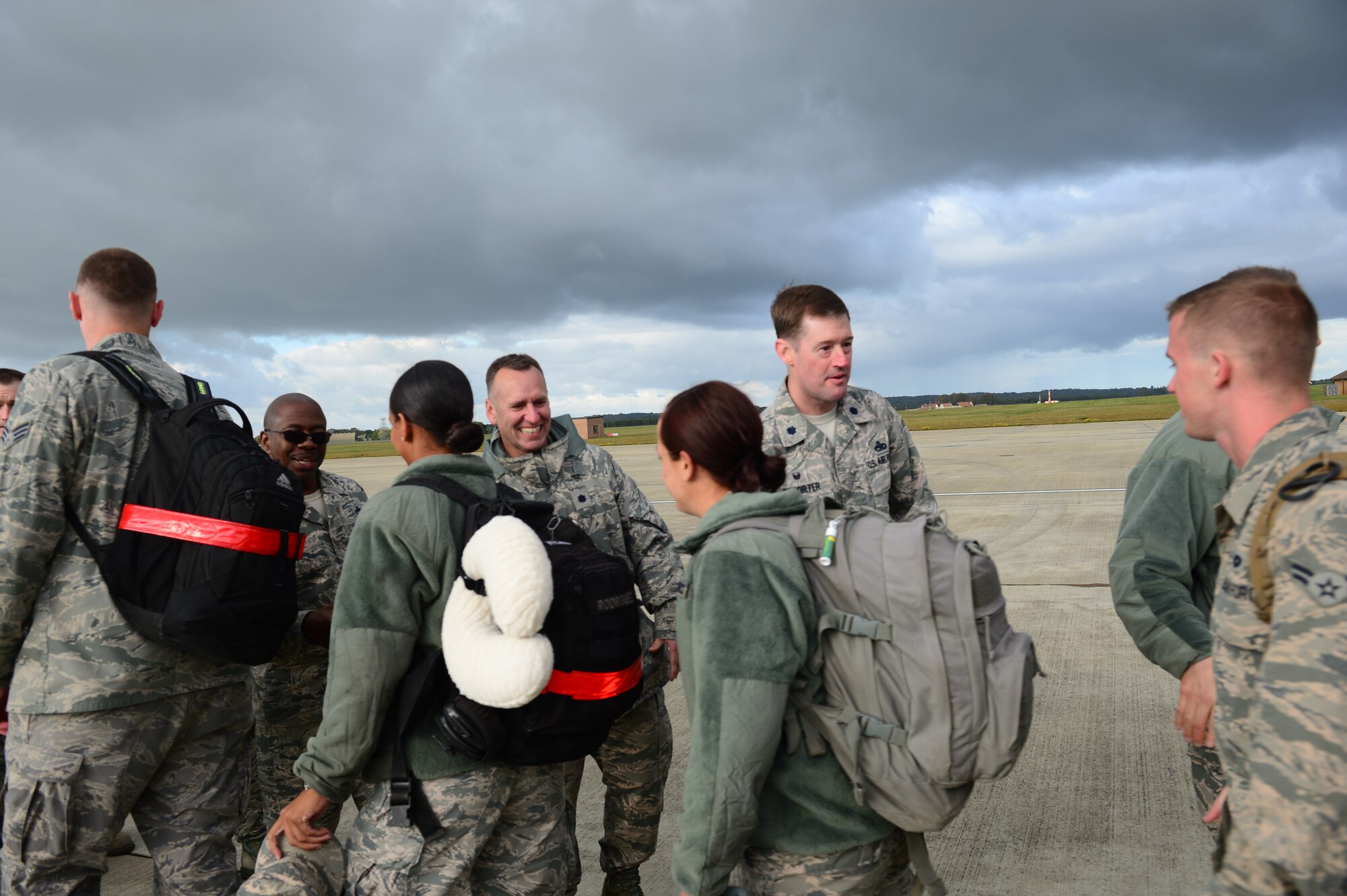 Wing leadership welcome home the pilots, weapon systems officers, maintainers and support personnel of the 494th Fighter Squadron and Aircraft Maintenance Unit at Royal Air Force Lakenheath, England, Oct. 14, 2015. While deployed, the Panthers flew 1,651 sorties and dropped more than 1,700 bombs in support of U.S. Central Command operations. (U.S. Air Force photo by Senior Airman Nigel Sandridge/Released)