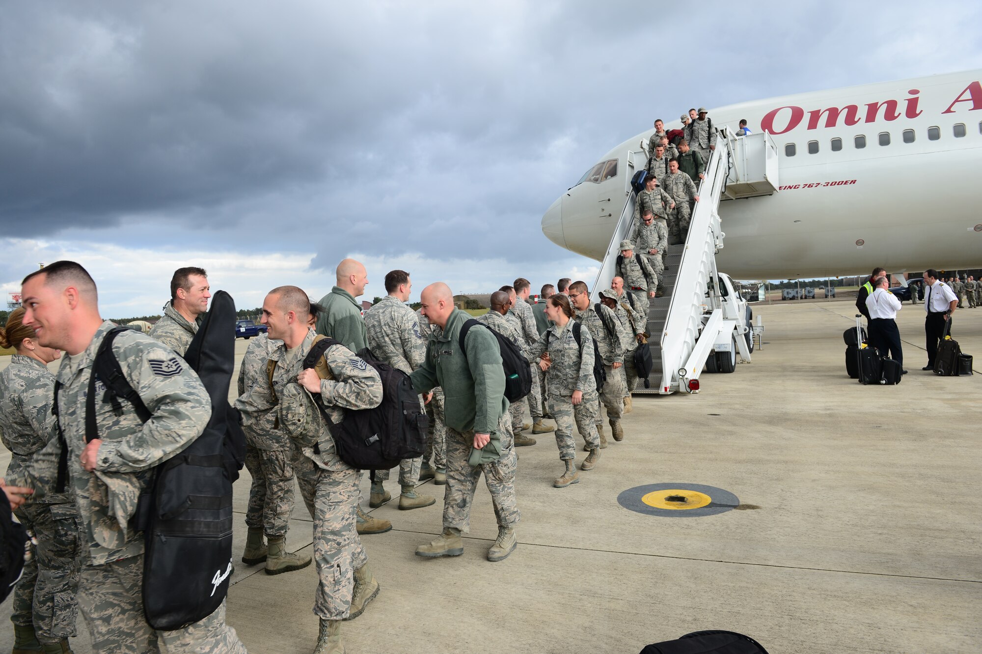 Wing leadership welcome home the pilots, weapon systems officers, maintainers and support personnel of the 494th Fighter Squadron and Aircraft Maintenance Unit at Royal Air Force Lakenheath, England, Oct. 14, 2015. While deployed, the Panthers flew 1,651 sorties and dropped more than 1,700 bombs in support of U.S. Central Command operations. (U.S. Air Force photo by Senior Airman Nigel Sandridge/Released)
