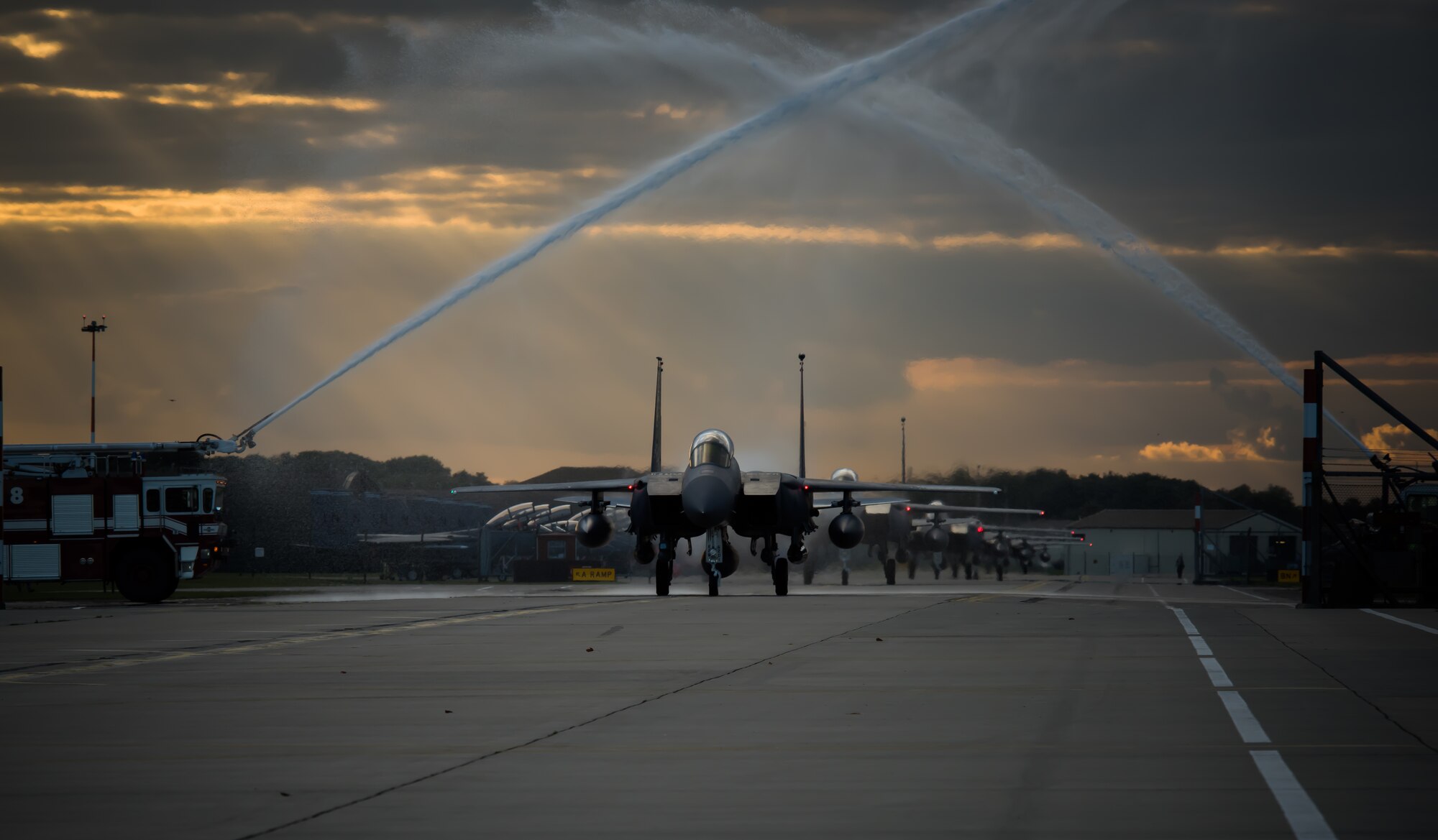 F-15E Strike Eagles assigned to the 494th Fighter Squadron are welcomed home from deployment at Royal Air Force Lakenheath, England, Oct. 9, 2015. While deployed, the Panthers flew 1,651 sorties and dropped more than 1,700 bombs in support of U.S. Central Command operations. (U.S. Air Force photo by Senior Airman Trevor T. McBride/Released)