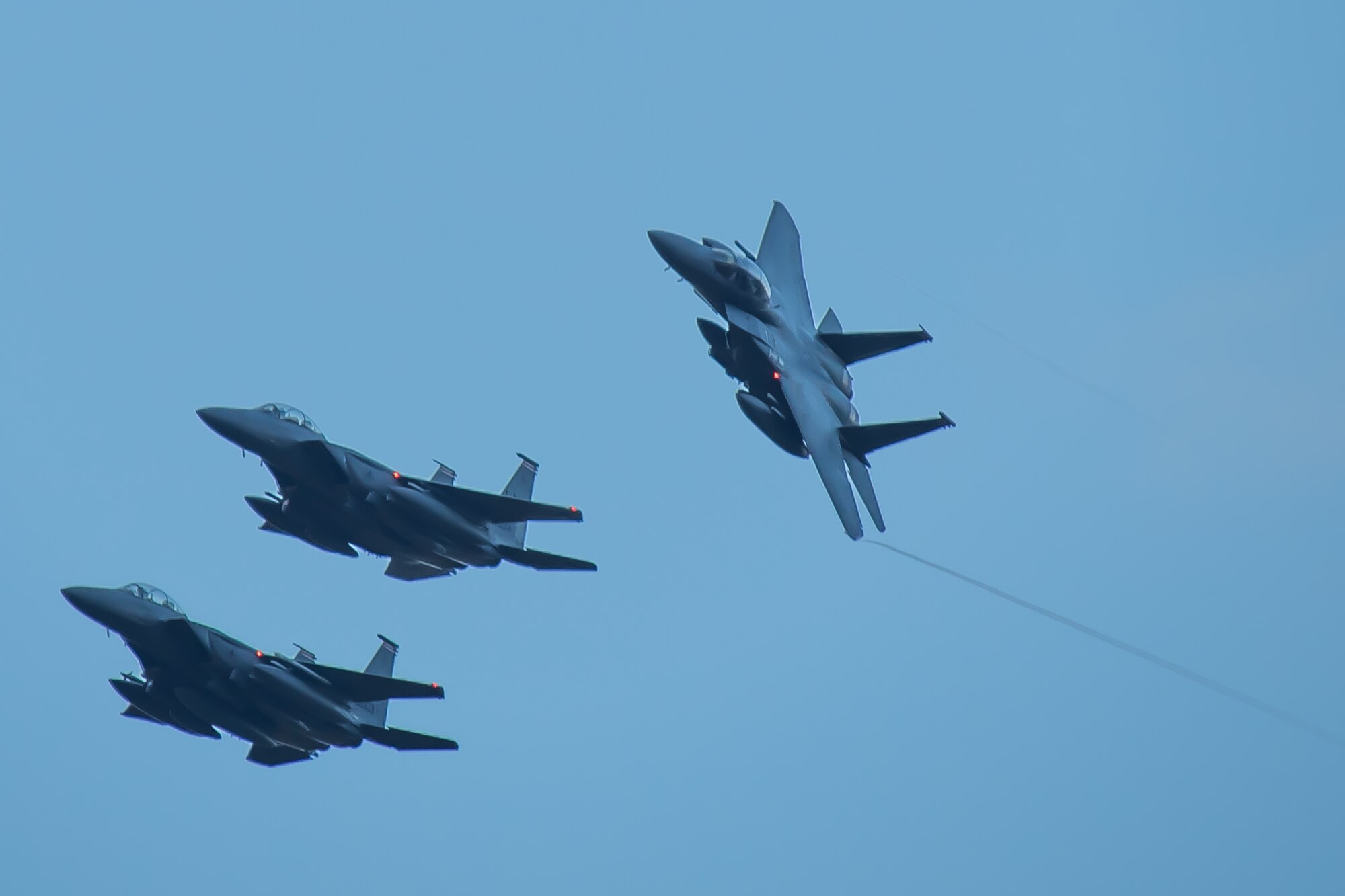 F-15E Strike Eagles assigned to the 494th Fighter Squadron, return to Royal Air Force Lakenheath, England, Oct. 9, 2015. While deployed, the Panthers flew 1,651 sorties and dropped more than 1,700 bombs in support of U.S. Central Command operations. (U.S. Air Force photo by Senior Airman Trevor T. McBride/Released)