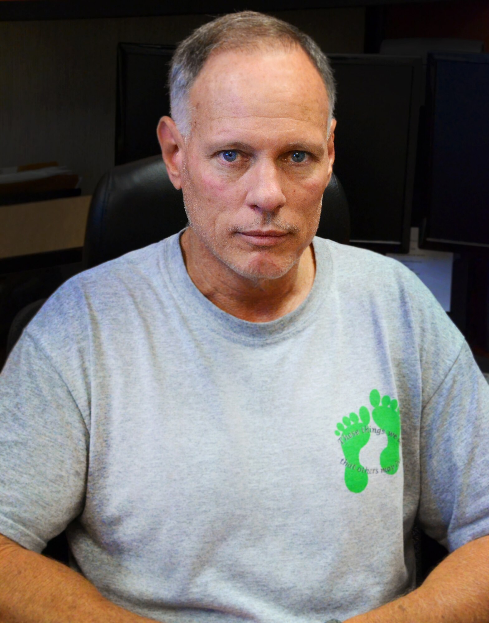 Retired Master Sgt. Derrell White, currently a government civilian for the Defense Contracting Management Agency, sits in his wife's office at the 920th Rescue Wing, Patrick Air Force Base, Fla., Oct. 3, 2015. White, who retired from the Air Force Reserve in 2013, was diagnosed with the chronic kidney condition IgA Nephropathy in 1986. He is now in stage four, meaning his kidneys are operating at below 20 percent of normal, and is seeking a kidney donor to help save his life. (U.S. Air Force photo by 2nd Lt. Anna-Marie Wyant)