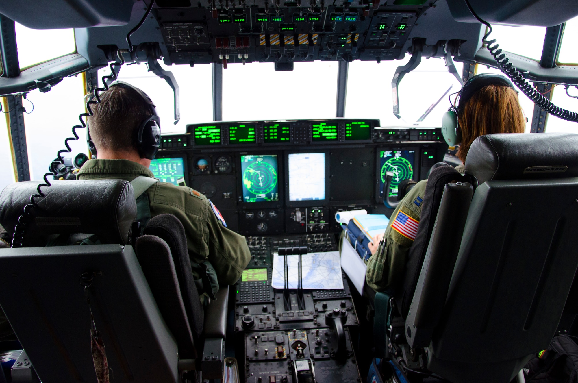 Lt. Col. Brad Boudreaux and Maj. Devon Meister, pilots with the 53rd Weather Reconnaissance Squadron Hurricane Hunters fly toward Hurricane Rafael October 16, 2015. (U.S. Air Force photo/Master Sgt. Brian Lamar)
