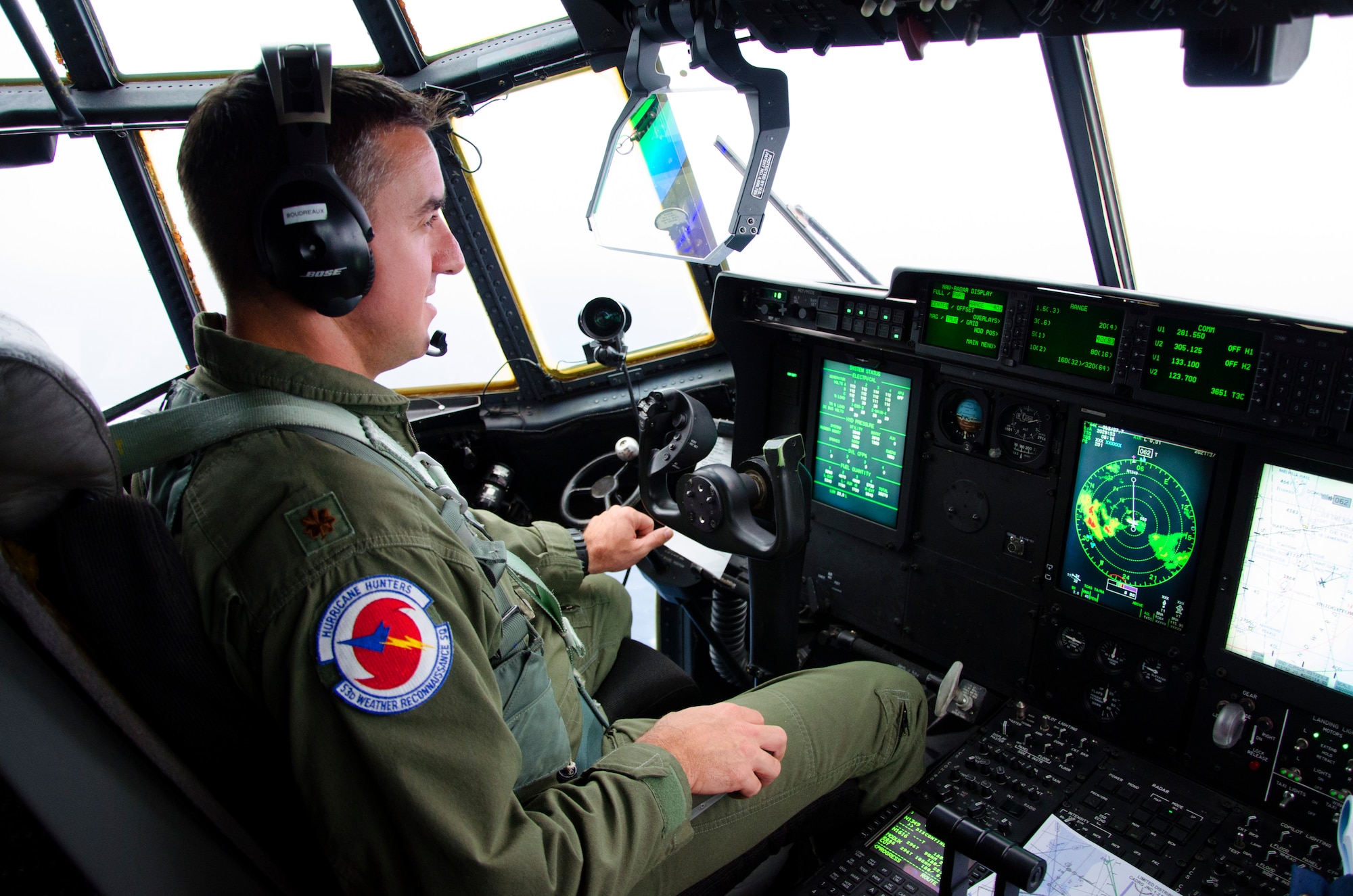 Lt. Col. Brad Boudreaux, a pilot with the 53rd Weather Reconnaissance Squadron Hurricane Hunters flies toward Hurricane Rafael October 16, 2015.
(U.S. Air Force photo/Master Sgt. Brian Lamar)
