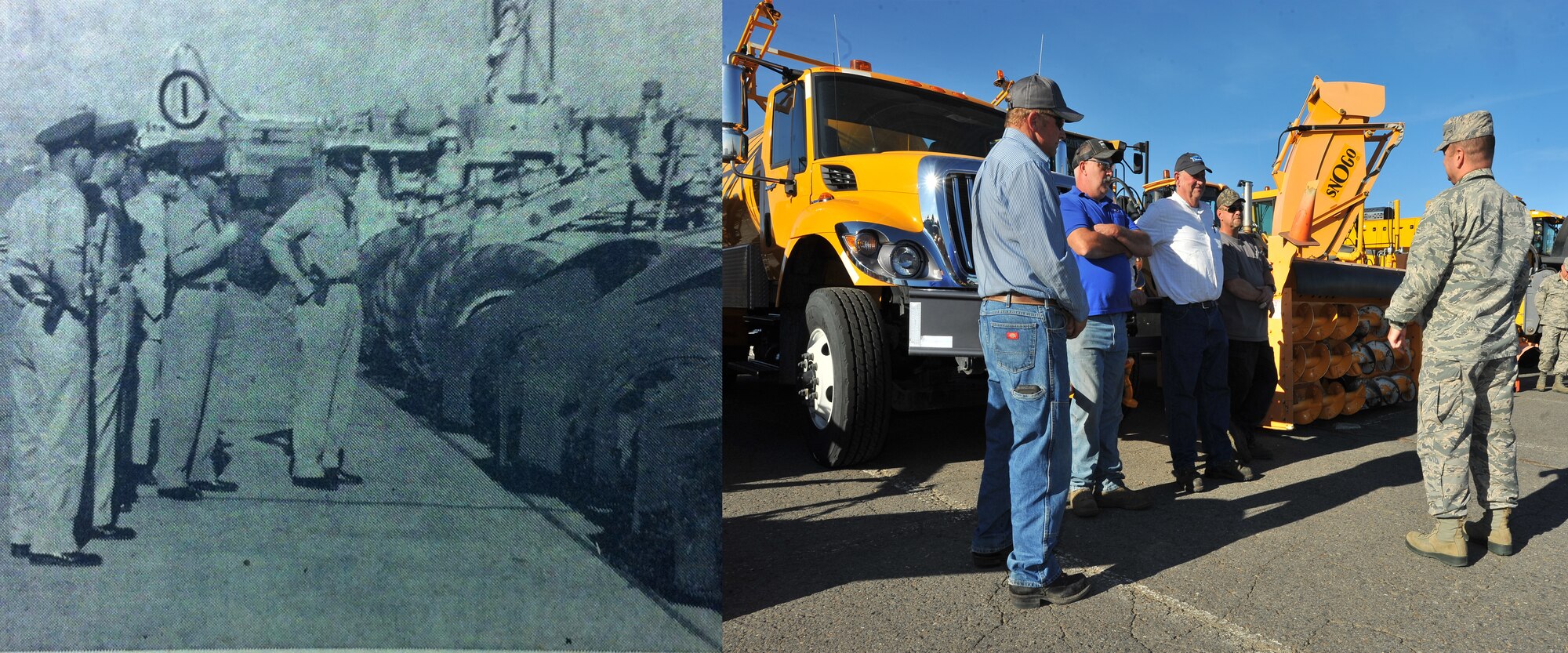 (Left) Brig. Gen. C.J. Bondley Jr., 57th Air Division commander, Col. McLyle G. Zumwalt, unit base commander, and their staff inspect the snow removal equipment in 1952, while (Right) Col. Brian McDaniel, 92nd Air Refueling Wing commander, inspects equipment with members of the 92nd Civil Engineer Squadron 63 years later on Oct. 14, 2015, at Fairchild Air Force Base, Wash. Inspecting the equipment was part of the annual snow parade, which is an event that symbolizes the formal beginning of the snow removal season. (U.S. Air Force illustration/Staff Sgt. Veronica Montes)