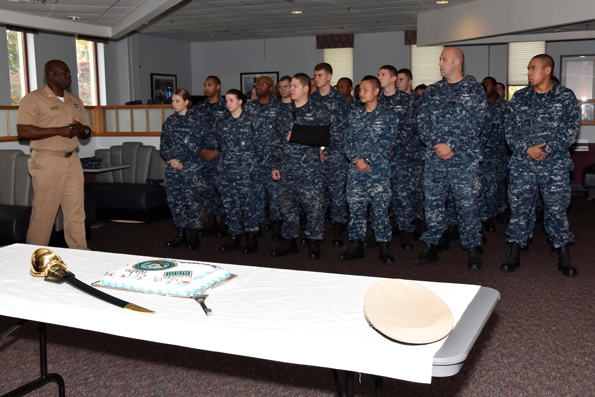 Command Master Chief Petty Officer Everette Parker, Navy Support Activity-Lakehurst, speaks to Sailors on the 240th anniversary of the U.S. Navy at Joint Base McGuire-Dix-Lakehurst, N.J., Oct. 13, 2015. The mission of NSA-Lakehurst is to provide administrative control support for Sailors under the 87th Air Base Wing and 305th Air Mobility Wing at JB MDL, while preserving Naval heritage and customs. (U.S. Navy photo by Sherry Jacobs/Released)