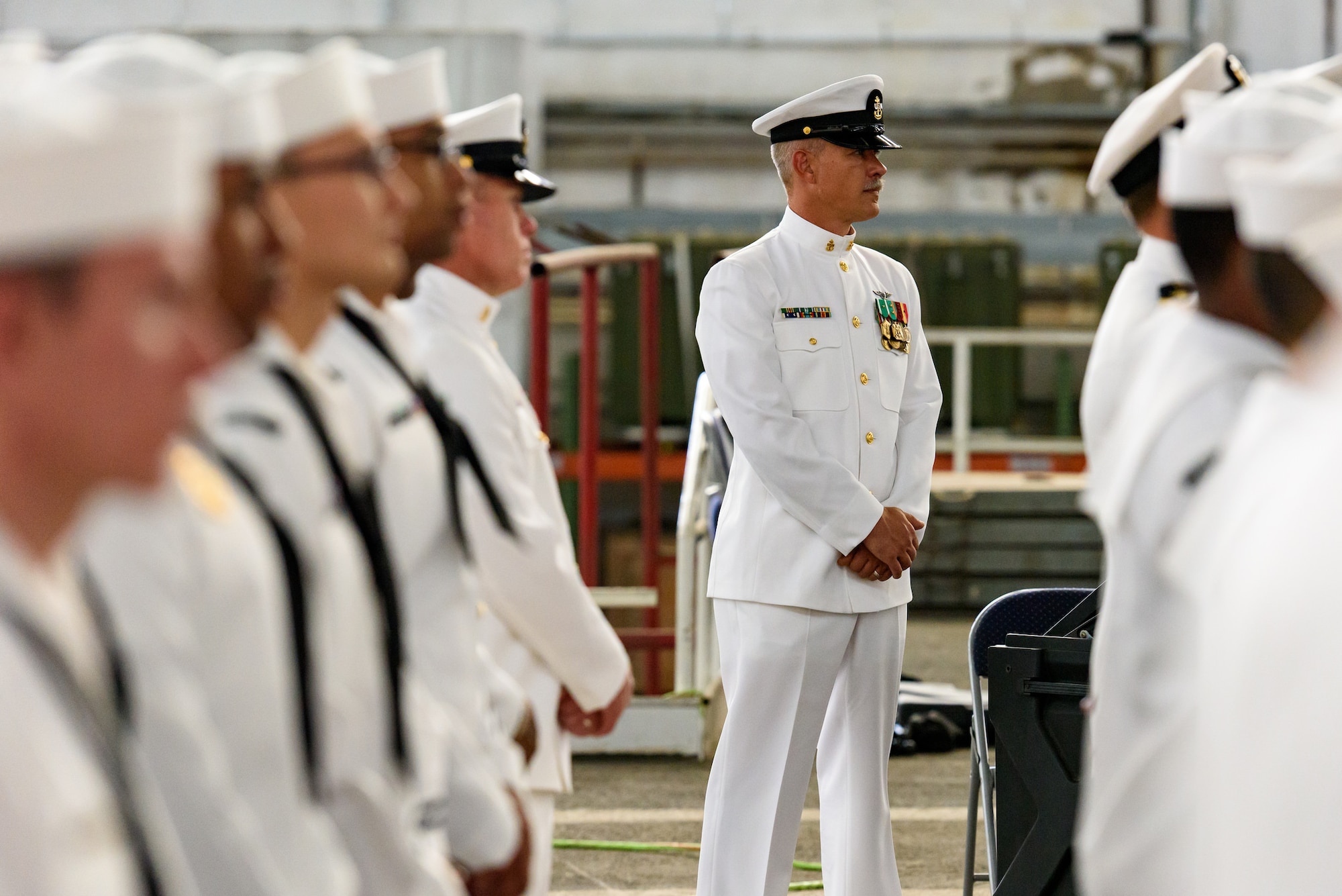 Sailors line up in formation for a Naval Support Activity-Lakehurst change of command ceremony at the historic Hangar One on Joint Base McGuire-Dix-Lakehurst, N.J., Sept. 29, 2015. U.S. Navy Capt. Christopher Bergen assumed command of NSA-Lakehurst and will also take responsibility as the JB MDL deputy commander. (U.S. Air Force photo by Robert Williard/Released)