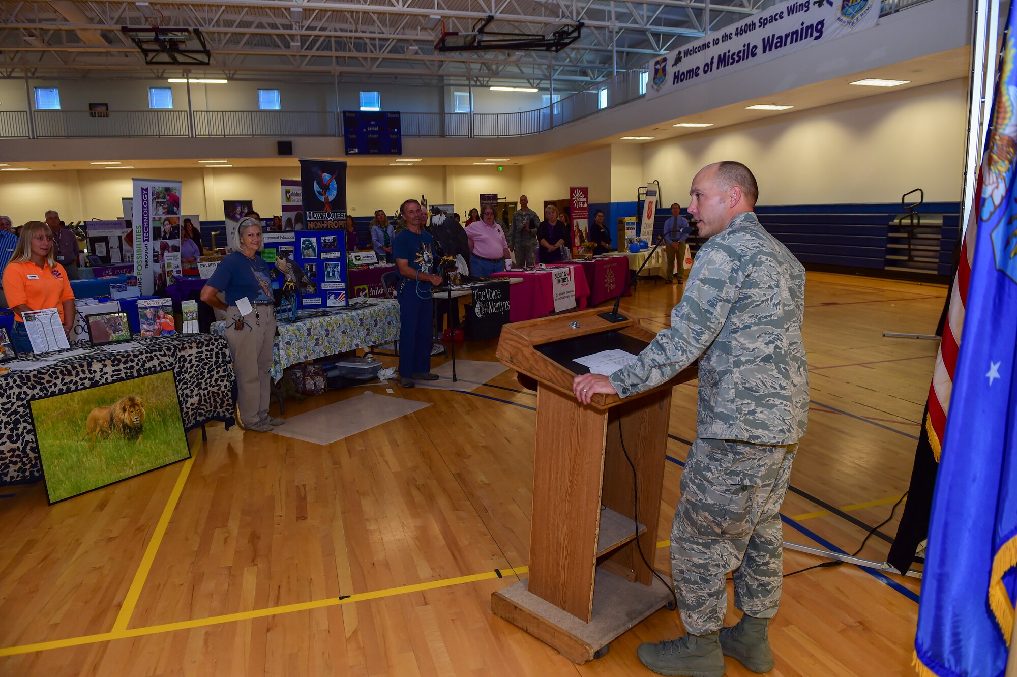 Col. Scott Romberger, 460th Space Wing vice commander, addresses participants at the 2015 Combined Federal Campaign Kick-off event Oct. 15, 2015, at the Fitness Center on Buckley Air Force Base, Colo. The CFC is held annually to encourage federal employees to donate to the more than 16,000 participating non-profit agencies around the world. (U.S. Air Force photo by Senior Airman Phillip Houk/Released)