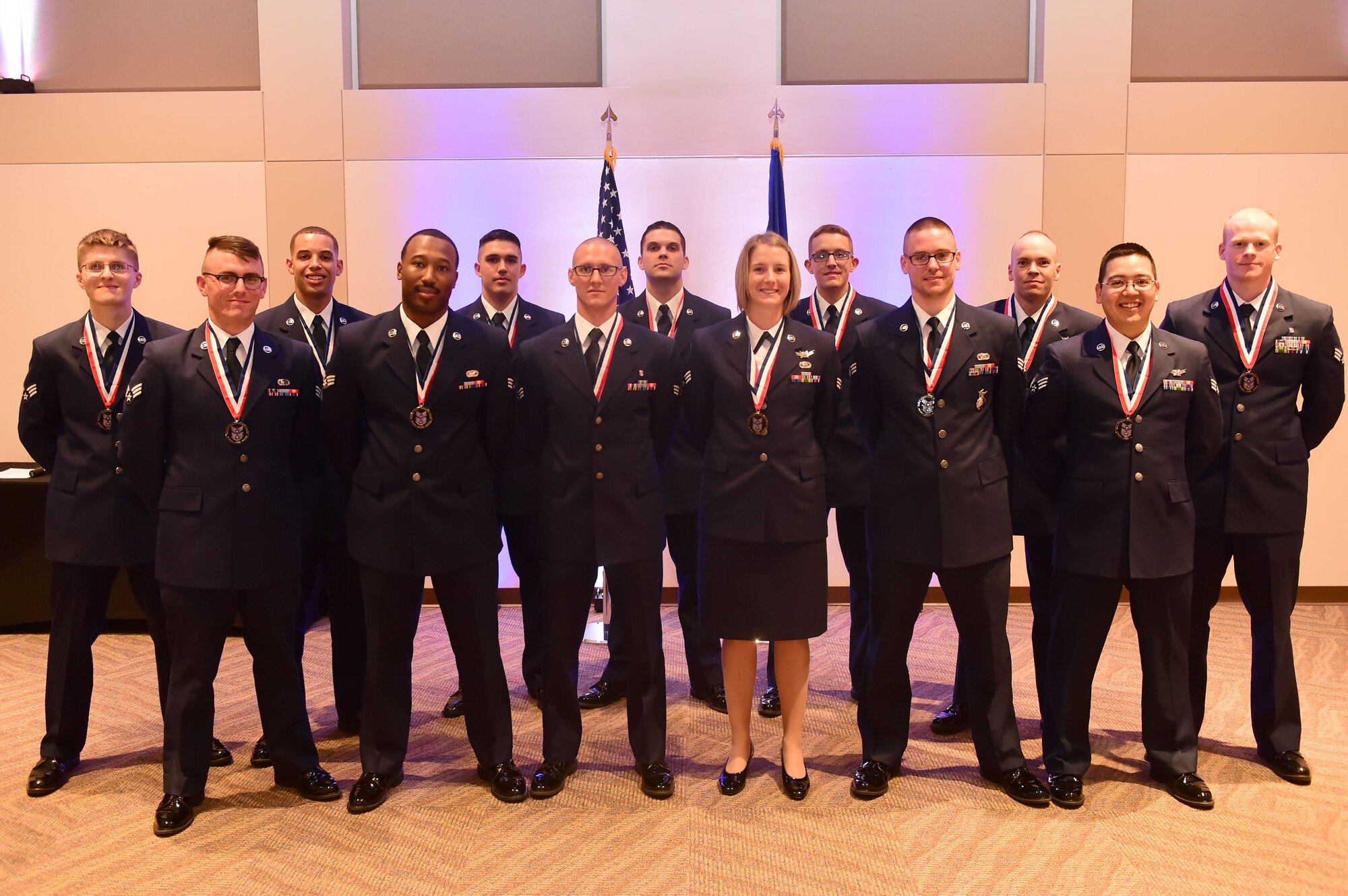 Buckley Airman Leadership School Class 15-G stands together after their graduation Oct. 15, 2015, at the Leadership Development Center on Buckley Air Force Base, Colo. This graduation represents an important part of the enlisted force professional military education, teaching valuable skills required for supervisors. (U.S. Air Force photo by Airman 1st Class Luke W. Nowakowski/Released)