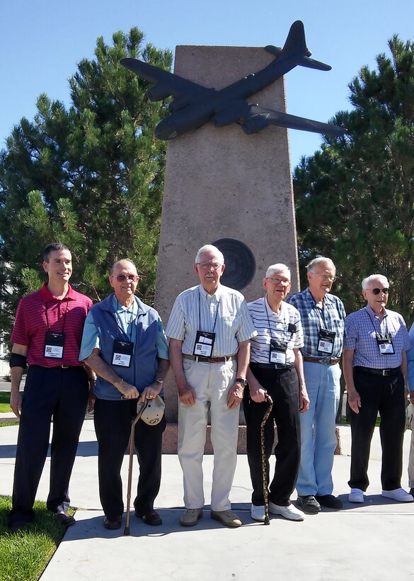 Brig. Gen. Paul Tibbets IV, far left, 509th Bomb Wing commander, stands with World War II veterans at the 509th Composite Group monument Sept. 25, 2015, at Wendover, Utah. The remaining survivors of the 509th CG gathered at Wendover Air Field for their final reunion and the 70th commemoration of WWII. 509th CG veterans pictured, from left, Vern Rowley, 393rd Bombardment Squadron B-29 aircraft radio operator; William Miller, 320th Troop Carrier Squadron C-54 Skymaster radio operator; Russell Gackenbach, 393rd BS B-29 navigator; Robert Gilman, 603rd Aviation Engineering Squadron technician during Operation Crossroads; and Norris Jerrnigan, 393rd BS intelligence analyst. (Courtesy Photo)
