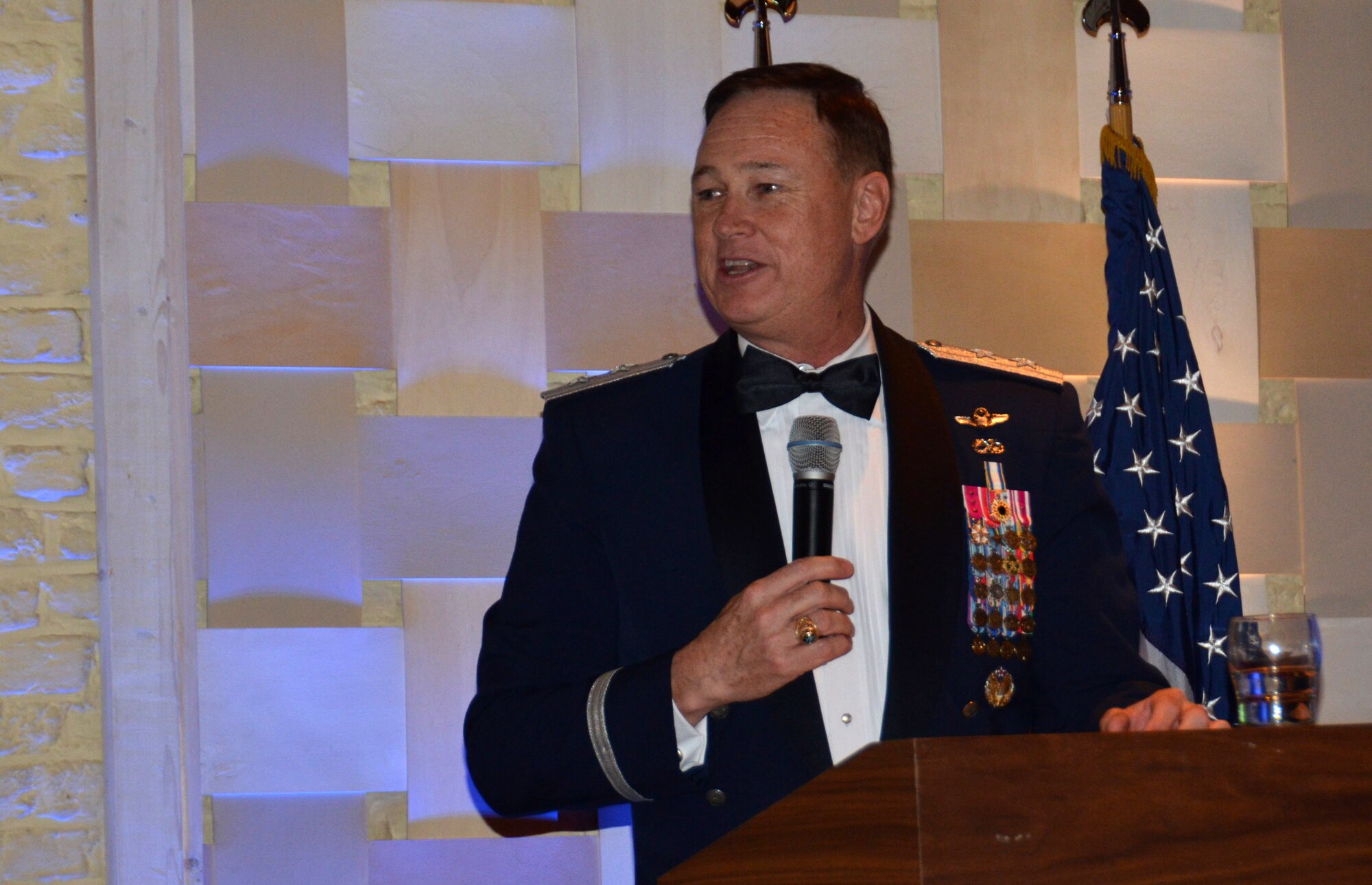 Air Force District of Washington Commander Maj. Gen.
Darryl Burke speaks at the Tri-Border U.S. Air Force Ball in Geilenkirchen,
Germany Oct. 9, 2015. Burke, Commander of NATO's E3-A Component Flying
Squadron One from 2001-2003, spoke about the rich history of the U.S. Air
Force and how Airmen of today are rising to the occasion to confront future
challenges. AFDW provides full-spectrum operational support including
personnel, legal, financial, contracting, and aircrew management to
approximately 26,000 Airmen across the globe. (Courtesy Photo)
