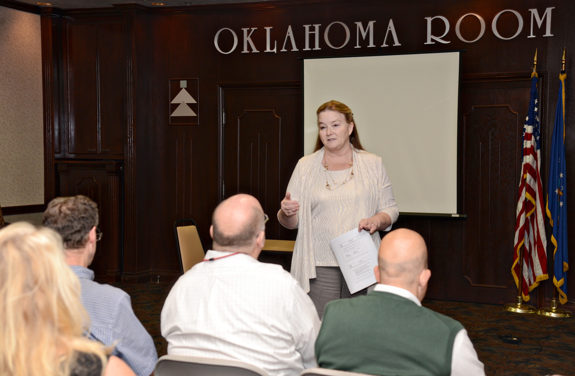 Telin Ozier, an attorney in the 72nd Air Base Wing Judge Advocate’s office and subject matter expert in the Labor Law Division, speaks to attendees at a briefing about reasonable accommodations on Oct. 6 in the Bldg. 3001 Oklahoma Room. Reasonable accommodations help disabled employees perform the essential functions of their job. The briefing was one of several briefings scheduled for the October Disability Employment Awareness Month. Upcoming events include “A Survey of Benefits” presented by Veterans Affairs on Oct. 20 in Fannin Hall in Bldg. 282 and an Ability Job Fair, sponsored by Oklahoma Works Partners and Oklahoma Office of Disability Concerns on Oct. 22 at Shepherd Mall, 2401 NW 23rd St. in Oklahoma City. (Air Force photo by Kelly White/Released)