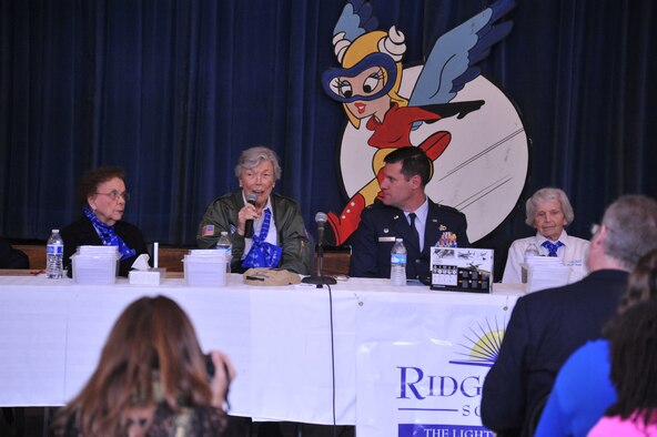 Dawn Seymour, a member of the Women Airforce Service Pilots (WASP) speaks at Ridgewood School in Springfield, Ohio, during an Oct. 9 assembly to honor Caro Bayley Bosco, a WASP member and 1933 alumna of the school. The WASP delivered 12,650 aircraft to frontline units and to training bases around the United States and the world during World War II. (U.S. Air Force photo/Gina Giardina)
