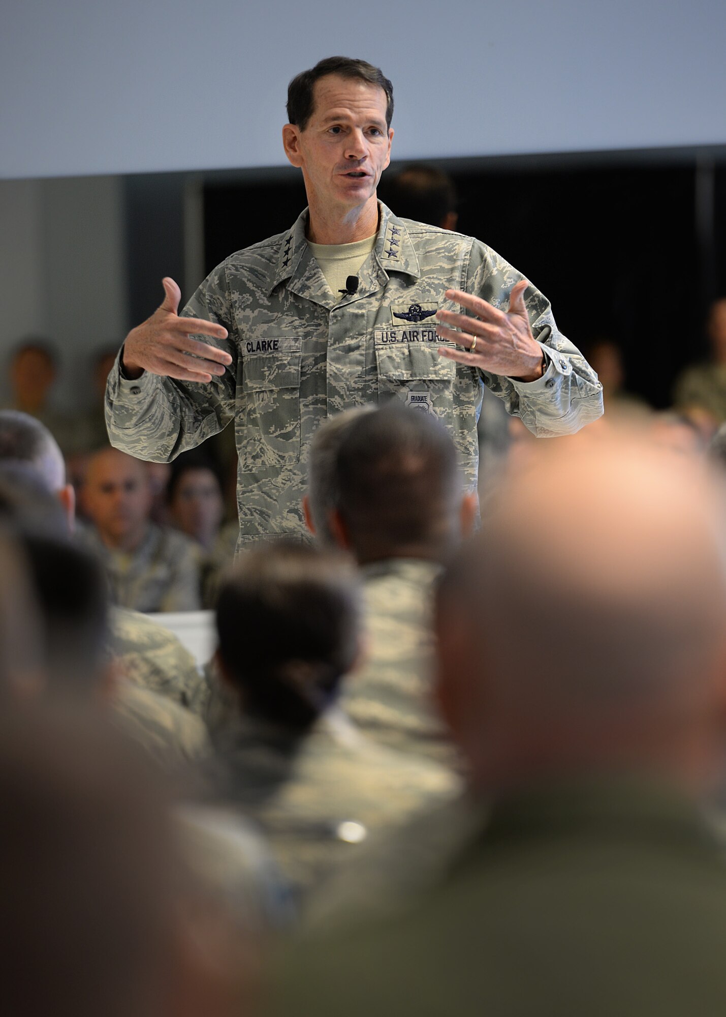 The director of the Air National Guard, Lt. Gen. Stanley E. “Sid” Clarke III, speaks with members of the 157th Air Refueling Wing during an all-call at Pease Air National Guard Base, New Hampshire, Oct. 15. During the all-call, Clarke expressed his confidence in the Airmen of the wing, discussed ANG manning, the future of Total Force Integration and answered questions during a Q&A session with Airmen. (U.S. Air National Guard photo by Senior Airman Kayla McWalter)