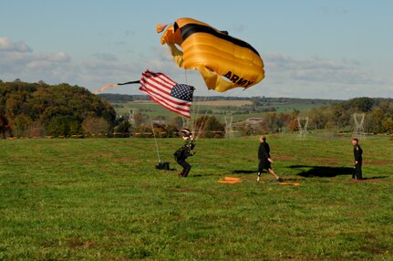 COATESVILLE, Penn. - A Golden Knight parachutist lands at the Tough Mudder Philly course Oct. 17 in Coatesville, Penn. The U.S. Army Reserve was one of the sponsors for the event.(U.S. Army photo by Staff Sgt. Bradley Miller)