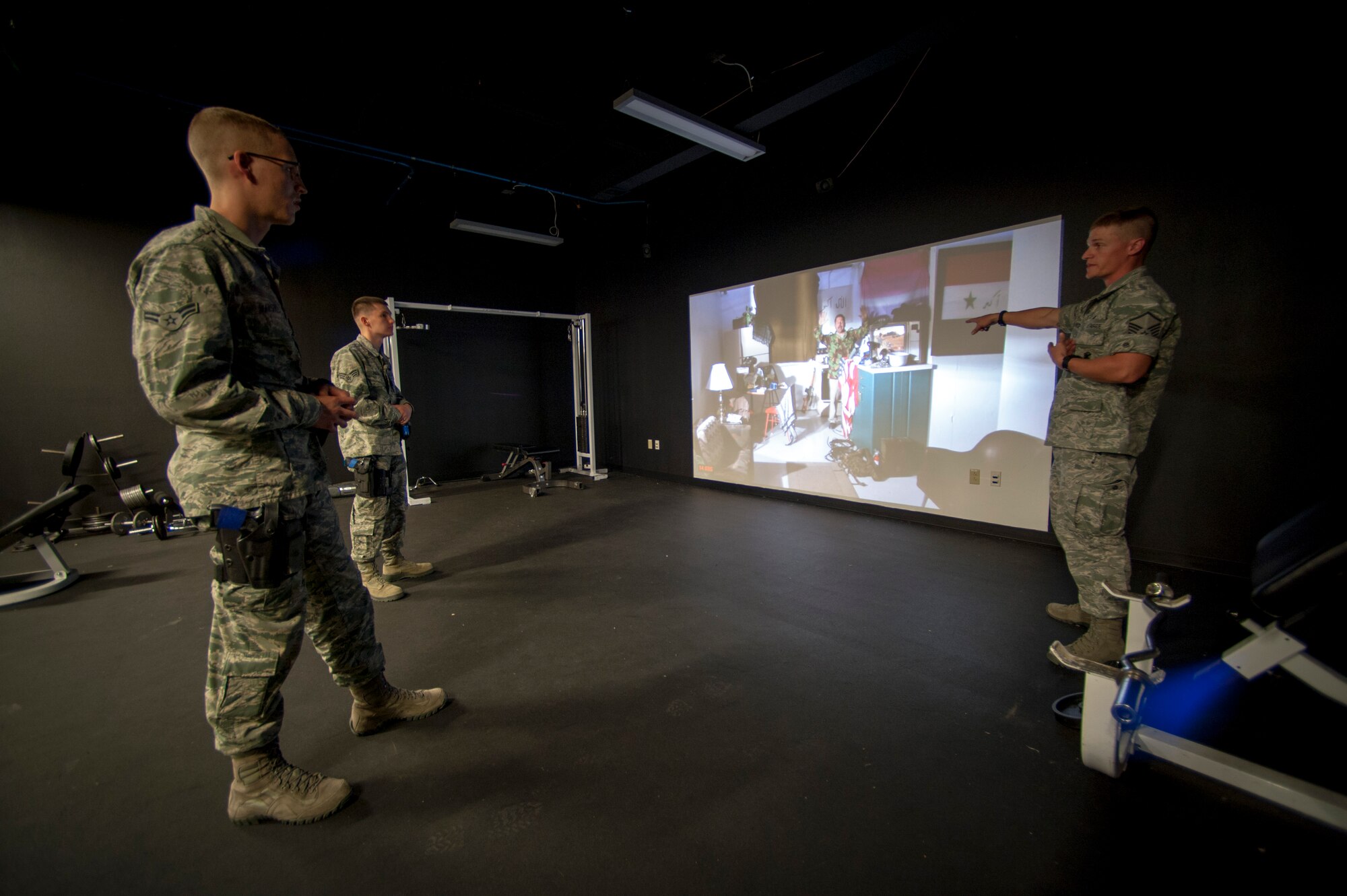 U.S. Air Force Airman 1st Class Jacob Watson and Senior Airman Nicholas Puleo, 140th Security Forces Squadron, Colorado Air National Guard, receive instructions from Master Sgt. Joshua Thornton, during Use of Force training at Buckley Air Force Base, Aurora Colo., Oct. 15, 2015. This training is a part of the 140th Wing’s 4-day, Wing Wartime Readiness Inspection, the U.S. Air Force’s new evaluation system for wartime, contingency and force sustainment readiness.  (U.S. Air National Guard photo by Tech. Sgt. Wolfram M. Stumpf)