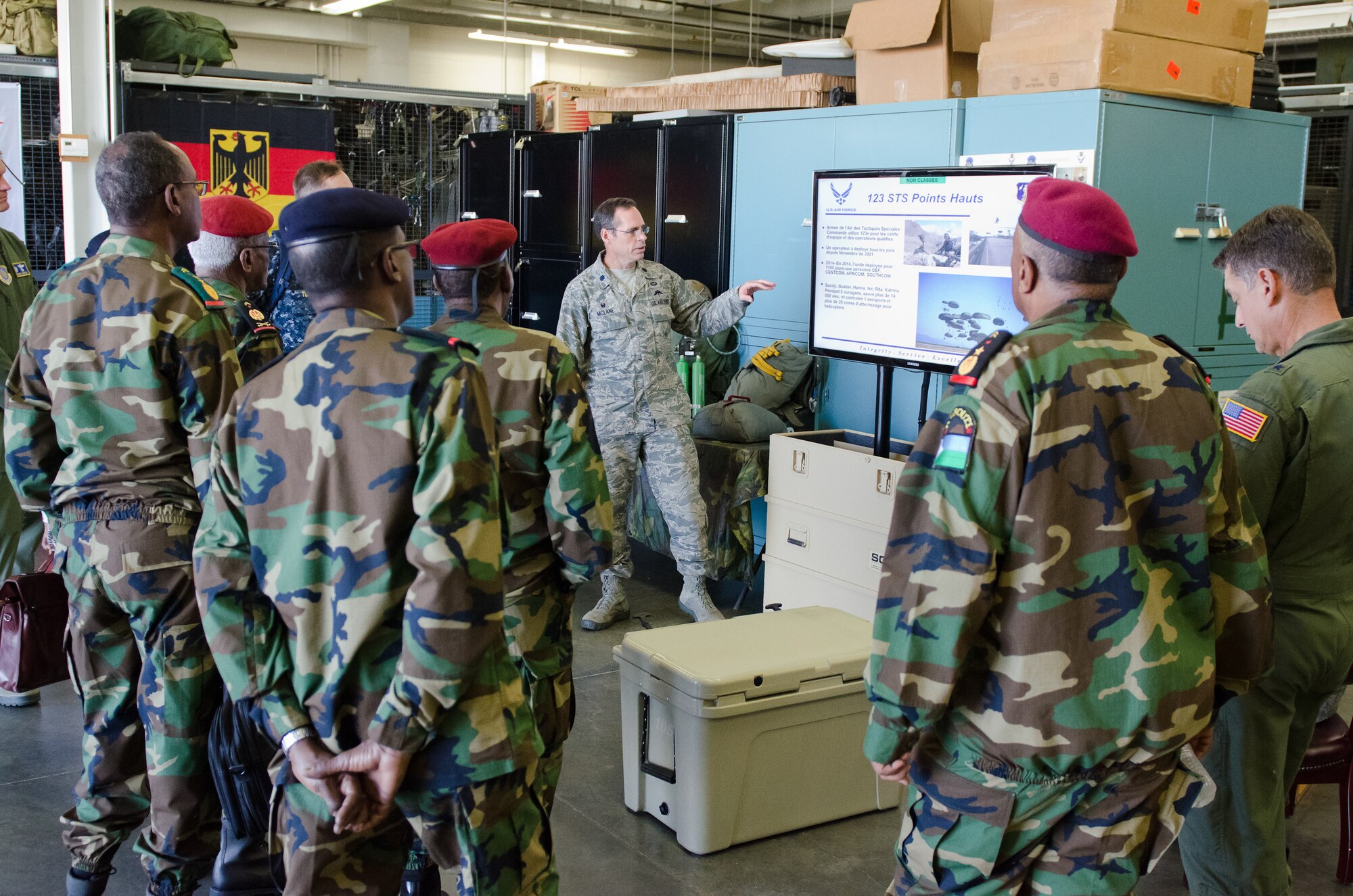 The Kentucky Air National Guard played host to several members of Djibouti's military and government cabinets Sept. 17, 2015, as part of the Kentucky National Guard's State Partnership with Djibouti. The Djiboutian military members attended mission briefs and toured the facilities of the Kentucky Air National Guard Base in Louisville, Ky., and flew on a local training sortie aboard a Kentucky Air National Guard C-130 Hercules aircraft. Civilian members of the Djiboutian delegation include ministers of health, foreign affairs, chambers of commerce and the University of Djibouti. The military chiefs of defense, Air Force, logistics, military education and materiel represented the Djiboutian military. This is the first Djiboutian partnership event in Kentucky since the National Guard selected Kentucky for the state partnership. A Kentucky delegation led by Adjutant General Maj. Gen. Edward Tonini participated in the State Partnership signing ceremony in Djibouti on June 2, 2015. (Kentucky Air National Guard photo by Master Sgt. Phil Speck)