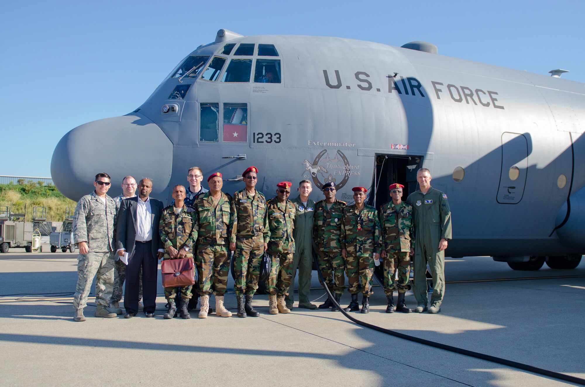 The Kentucky Air National Guard played host to several members of Djibouti's military and government cabinets Sept. 17, 2015, as part of the Kentucky National Guard's State Partnership with Djibouti. The Djiboutian military members attended mission briefs and toured the facilities of the Kentucky Air National Guard Base in Louisville, Ky., and flew on a local training sortie aboard a Kentucky Air National Guard C-130 Hercules aircraft. Civilian members of the Djiboutian delegation include ministers of health, foreign affairs, chambers of commerce and the University of Djibouti. The military chiefs of defense, Air Force, logistics, military education and materiel represented the Djiboutian military. This is the first Djiboutian partnership event in Kentucky since the National Guard selected Kentucky for the state partnership. A Kentucky delegation led by Adjutant General Maj. Gen. Edward Tonini participated in the State Partnership signing ceremony in Djibouti on June 2, 2015. (Kentucky Air National Guard photo by Master Sgt. Phil Speck)