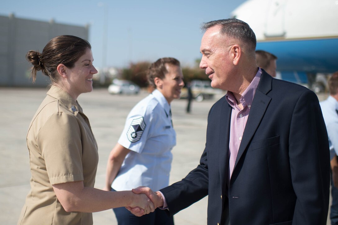 U.S. Marine Corps Gen. Joseph F. Dunford Jr., chairman of the Joint Chiefs of Staff, greets U.S. Military officers upon his arrival in Tel Aviv, Israel, Oct. 17, 2015. DoD photo by D. Myles Cullen
