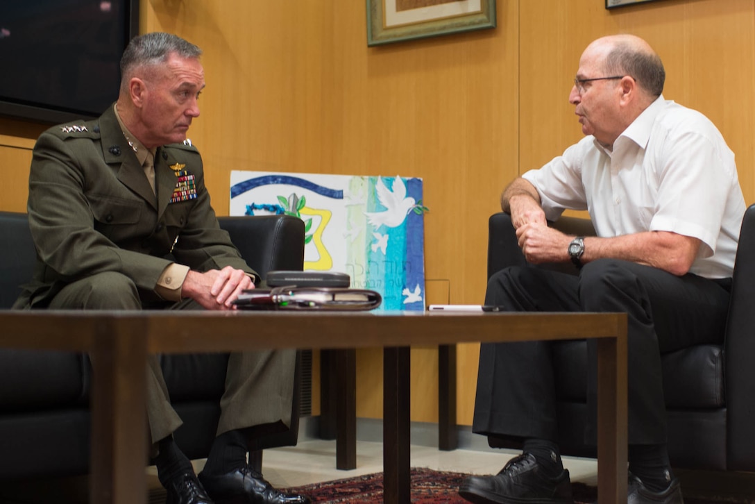 U.S. Marine Corps Gen. Joseph F. Dunford Jr., chairman of the Joint Chiefs of Staff, meets with Israeli Defense Minister Moshe Yaalon at the Israeli Defense Forces military headquarters in Tel Aviv, Israel, Oct. 18, 2015. DoD photo by D. Myles Cullen
