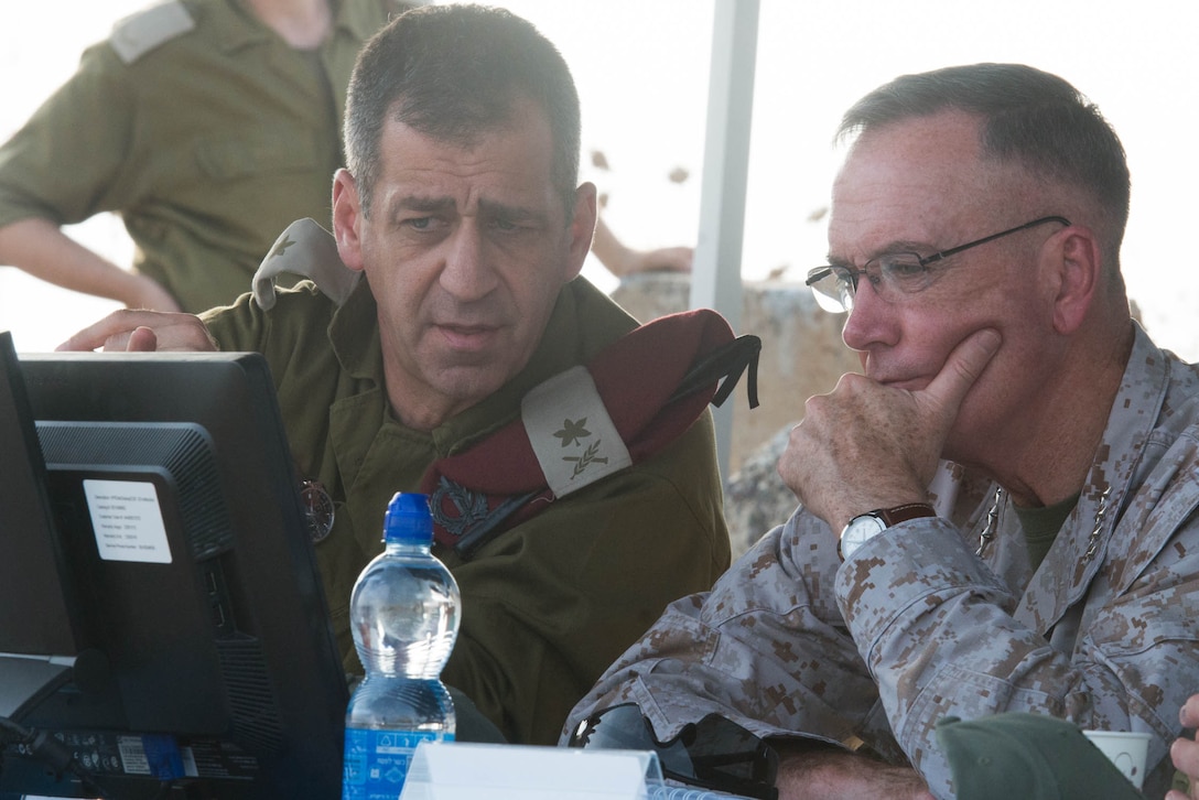 U.S. Marine Corps Gen. Joseph F. Dunford Jr., chairman of the Joint Chiefs of Staff, receives a brief from Israeli Maj. Gen. Kochavi in northern Israel, Oct. 18, 2015. DoD photo by D. Myles Cullen