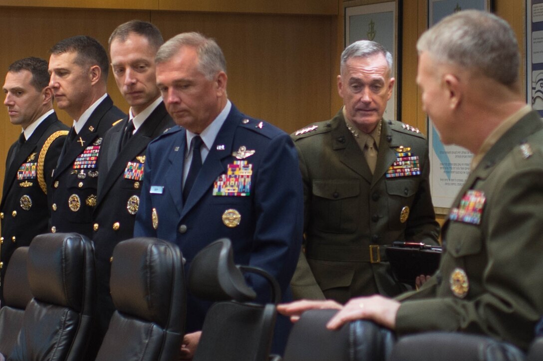 U.S. Marine Gen. Joseph F. Dunford Jr., chairman of the Joint Chiefs of Staff, begins a meeting at the Israeli Defense Forces military headquarters in Tel Aviv, Israel, Oct. 18, 2015. DoD photo by D. Myles Cullen