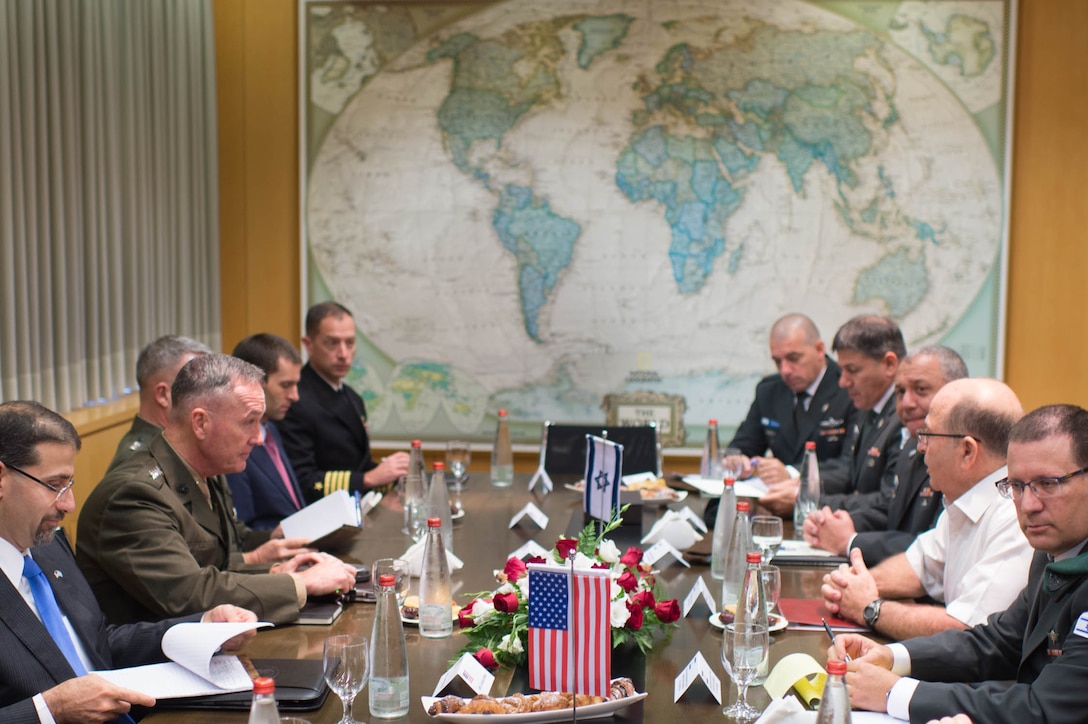 U.S. Marine Corps Gen. Joseph F. Dunford Jr.,second left, chairman of the Joint Chiefs of Staff, meets with Israeli Defense Minister Moshe Yaalon, second right, at the Israeli Defense Forces military headquarters in Tel Aviv, Israel, Oct. 18, 2015. DoD photo by D. Myles Cullen