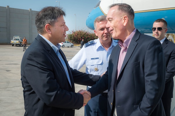 U.S. Marine Corps Gen. Joseph F. Dunford Jr., chairman of the Joint Chiefs of Staff, greets Israeli Defense Forces and U.S. Military officers upon his arrival in Tel Aviv, Israel, Oct. 17, 2015. DoD photo by D. Myles Cullen