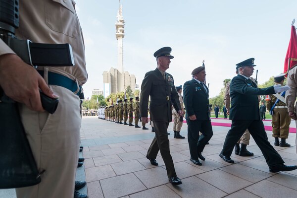 U.S. Marine Corps Gen. Joseph F. Dunford Jr., chairman of the Joint Chiefs of Staff, conducts a pass and review of the Israeli Defense Forces’ honor guard during an official welcome ceremony in Tel Aviv, Israel, Oct. 18, 2015. DoD photo by D. Myles Cullen