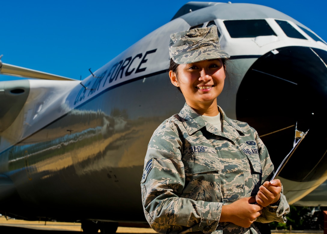 Air Force Reserve Senior Airman Anne Venice Jalos, 446th Airlift Wing finance manager, stands in Heritage Park at McChord Field, Wash., Aug. 7, 2015. Jalos became a U.S. citizen after completing Air Force basic military training. U.S. Air Force Reserve photo by Senior Airman Daniel Liddicoet