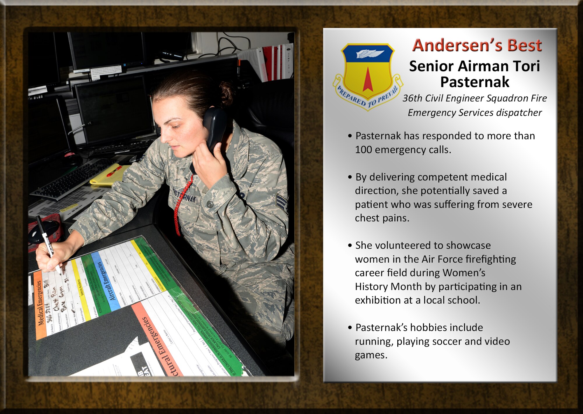 Team Andersen's Best recognizes Airmen and civilian professionals for outstanding contributions to mission and team success.

As spotlight performers, individuals are chosen by base leaders for demonstrating the Air Force's core values of integrity first, service before self, and excellence in all we do.