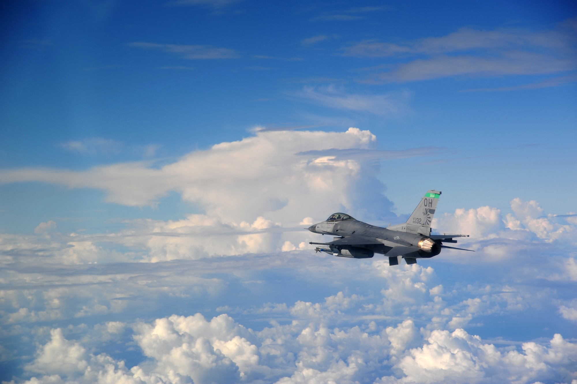 Lt. Col. Scott Schaupeter, an F-16 pilot with the 180th Fighter Wing, Ohio Air National Guard, flies an air-to-air sortie over the Gulf of Mexico Sept. 17, 2015. About 120 Airmen from the 180th FW traveled to Tyndall to participate in the Combat Archer exercise, a weapons system evaluation program designed to test the effectiveness of our Airmen and air-to-air weapon system capability of our F-16s and other combat aircraft. Training allows our pilots to provide a vital link for the defense of our country. Air National Guard photo by Maj. Garrick Webb/Released