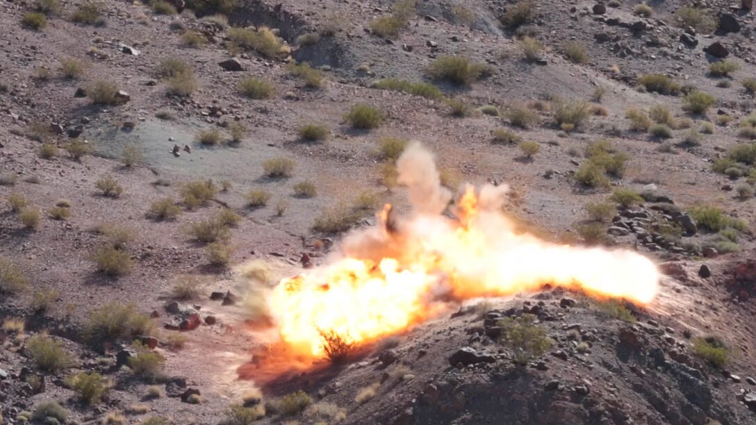M2A4 shaped charges explode as part of an excavation operation at Rainbow Canyon Training Area, Oct. 8, 2015. The excavation will be used for the placement of wildlife guzzlers to promote the migration of Big Horn Sheep through the area. 