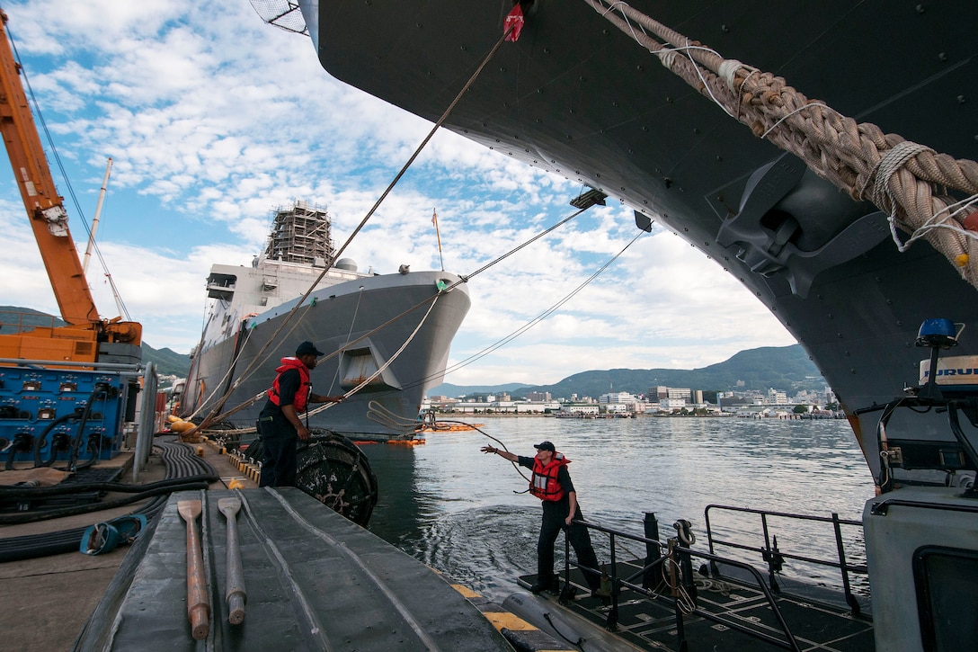 U.S. Navy Petty Officer 2nd Class John-Evert Veldhuyzen and Navy Petty Officer 3rd Class Desmond Belfield prepare for rigid-hull inflatable boat operations in Sasebo, Japan, Oct. 15, 2015. Both are assigned to the USS Bonhomme Richard. U.S. Navy photo by Petty Officer Seaman Jeanette Mullinax