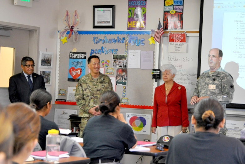Hector Elizalde, Rep. Napolitano's California Deputy District Director; Brig. Gen. Mark Toy, USACE South Pacific Division commander: Rep. Grace Napolitano, D-Norwalk and Brig. Gen. (CA) James Gabrielli, Youth and Community Programs Task Force commander observe a class of cadets learning how to seek employment. The group also answered the question, "What was your first job?" 