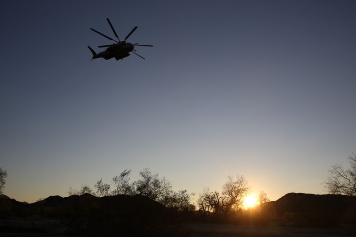 A CH-53E Super Stallion helicopter with 3rd Marine Aircraft Wing, takes off after inserting Marines during Talon Exercise 1-16 at Marine Corps Air Station, Yuma, Ariz., Oct. 13, 2015. The training took place at Baker’s Peak, a rugged desert training area located on the approximately 1,700,000 acre Barry M. Goldwater Range and was part of a larger event called Talon Exercise, which focused on offensive and defensive operations in desert and urban environments.