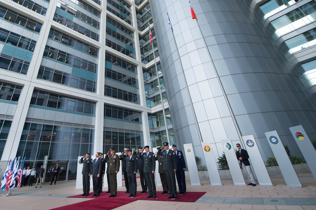 U.S. Marine Corps Gen. Joseph F. Dunford Jr., center, chairman of the Joint Chiefs of Staff, and Israeli Chief of Defense Lt. Gen. Gadi Eizenkot, second right, participate in an official welcoming ceremony at the Israeli Defense Forces military headquarters in Tel Aviv, Israel, Oct. 18, 2015. DoD photo by D. Myles Cullen
