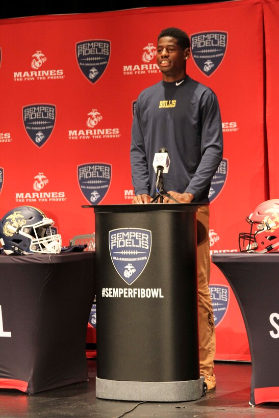 Bullis School senior football player, Cameron Brown, gives a speech during his Semper Fidelis All-American Bowl selection jersey presentation Oct. 13, 2015, at Bullis School auditorium in Potomac, Maryland. The Semper Fidelis Football Program focuses on mentoring exceptional youth athletes and future leaders by collectively celebrating academic excellence, proven physical fitness and quality of character. Brown, from Burtonsville, Maryland, will play in the televised game Jan. 3, 2016 in Carson, California. (U.S. Marine Corps photo by Sgt. Anthony J. Kirby/Released)