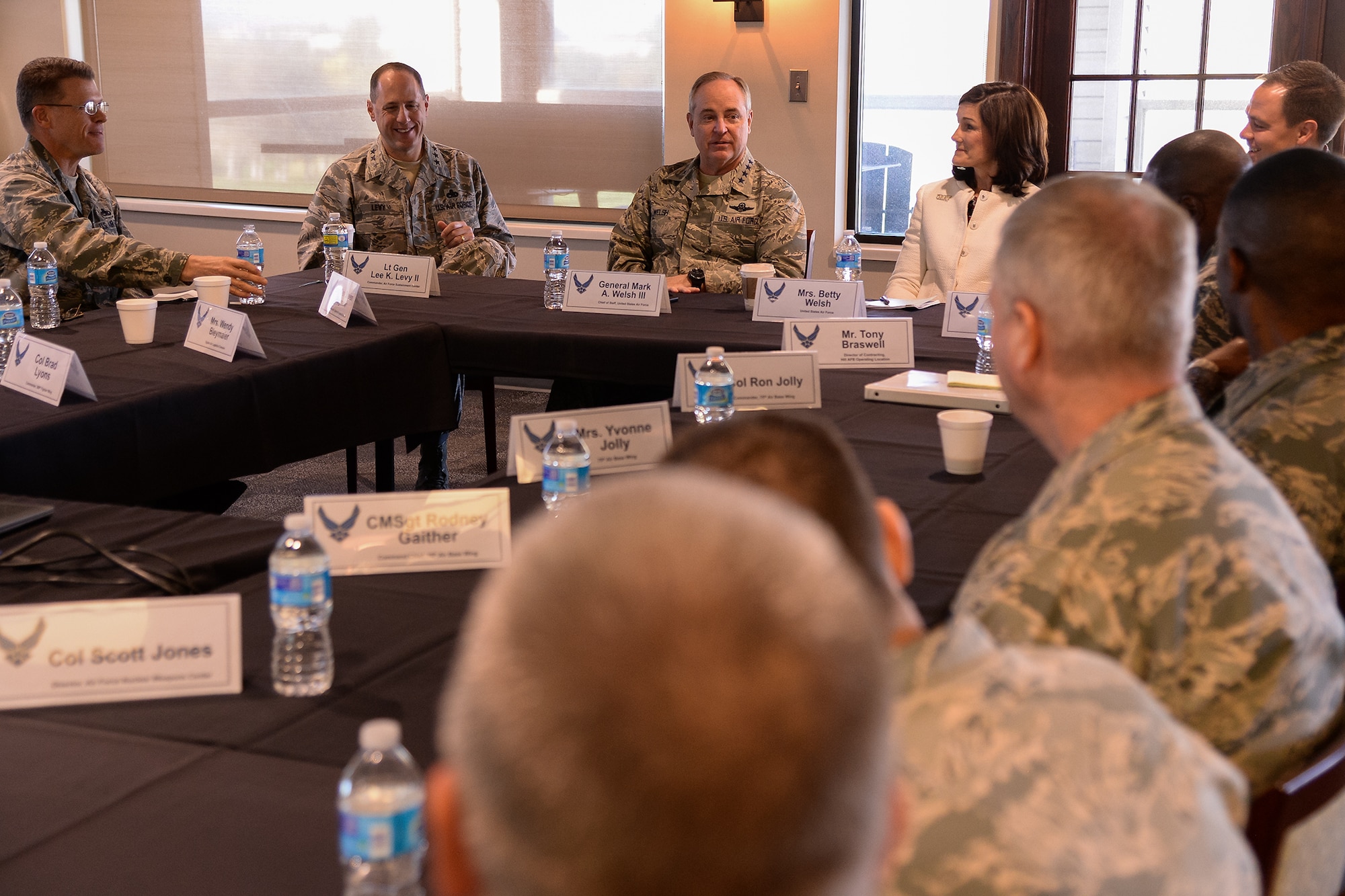 Eileen Frock, 570th Aircraft Maintenance Squadron operations officer, briefs Air Force Chief of Staff Gen. Mark A. Welsh III on an F-35 replacement modification at Hill Air Force Base, Utah, Oct. 15, 2015. The part depicted, a root rib, was removed from an F-35 airframe and a stronger replacement added, extending the aircraft’s service life. During his visit, Welsh received an overview of Ogden Air Logistics Complex facilities and operations. (U.S. Air Force photo/R. Nial Bradshaw)