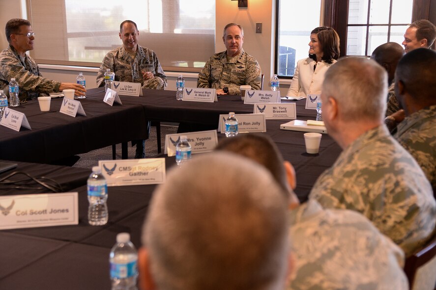Air Force Chief of Staff Gen. Mark A. Welsh III and his wife Betty attend a mission briefing at Hill Air Force Base, Utah, Oct. 15, 2015. The briefing was given by Airman 1st Class Shawn Gaines, from the 75th Security Forces Squadron, and Airman 1st Class Conner Whetstone, from the 75th Air Base Wing. (U.S. Air Force photo/R. Nial Bradshaw)