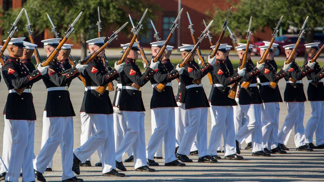 The Marine Corps Silent Drill Platoon performs at Marine Corps Recurit Depot Parris Island, S.C. Oct. 16, 2015. Parris Island’s Centennial Celebration ended with the battle colors ceremony Oct. 16, 2015.
