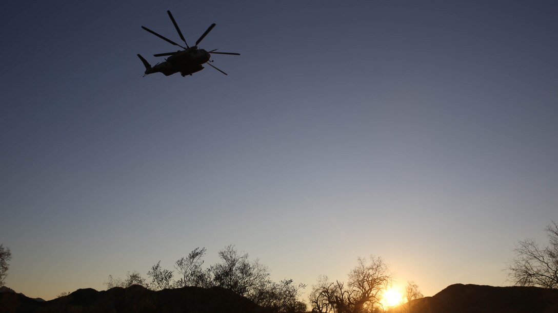 A CH-53E Super Stallion helicopter with 3rd Marine Aircraft Wing, takes off after inserting Marines during Talon Exercise 1-16 at Marine Corps Air Station, Yuma, Ariz., Oct. 13, 2015. The training took place at Baker’s Peak, a rugged desert training area located on the approximately 1,700,000 acre Barry M. Goldwater Range and was part of a larger event called Talon Exercise, which focused on offensive and defensive operations in desert and urban environments.