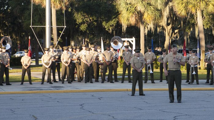 Gen. Robert Neller, commandant of the Marine Corps, speaks during a morning colors ceremony at Marine Corps Recruit Depot Parris Island, S.C., Oct. 16, 2015. The depot is celebrating 100 years of making Marines. 