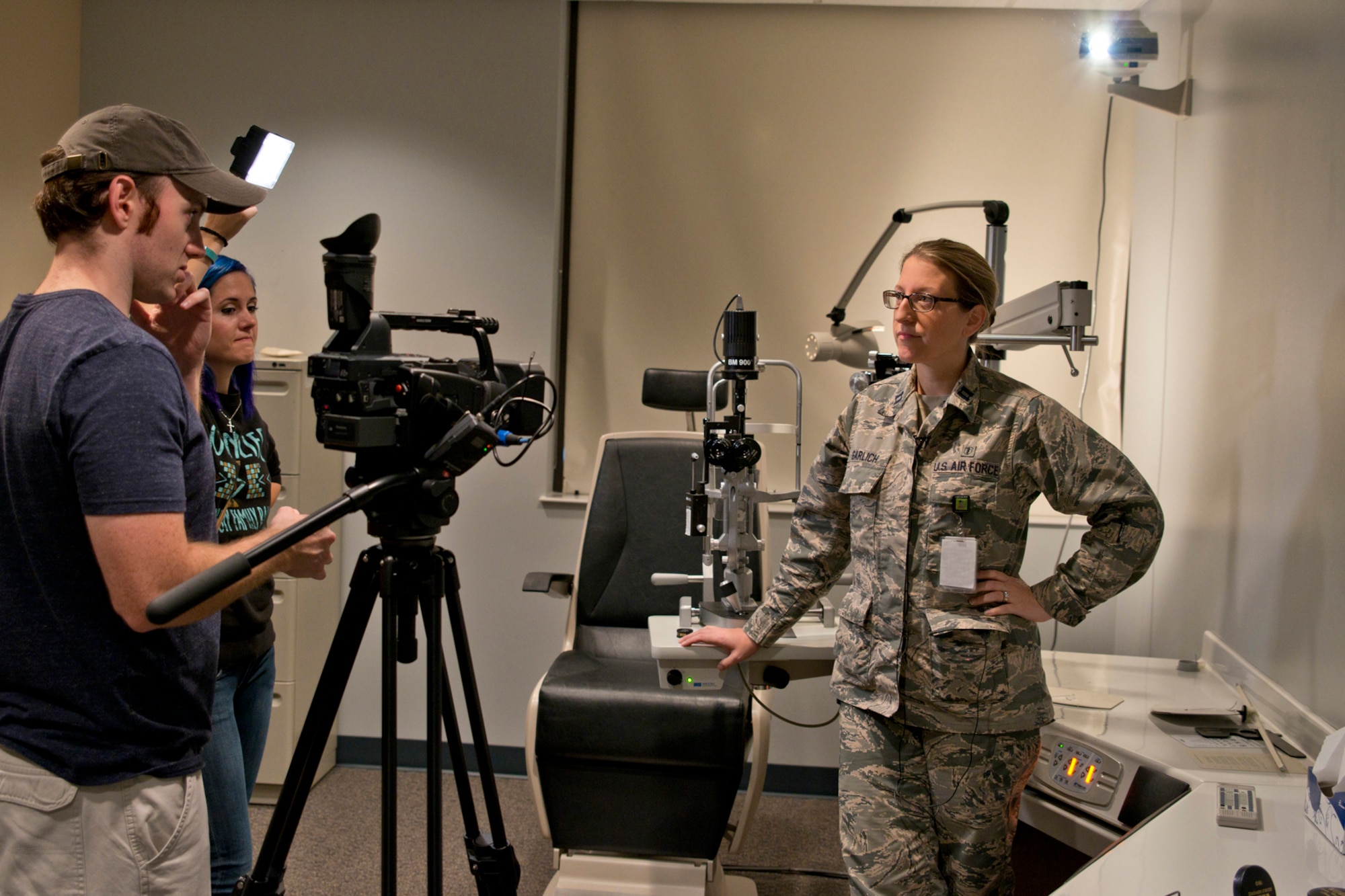 U.S. Air Force Capt. Jaclyn Garlich, an optometrist assigned to the 913th Aerospace Medical Squadron, is interviewed at Little Rock Air Force Base, Ark., Oct. 3, 2015. A photography/video team were on base to record B-roll, interviews and photographs for use by the Air Force Reserve Command for promotional and recruiting purposes. (U.S. Air Force photo by Master Sgt. Jeff Walston/Released)