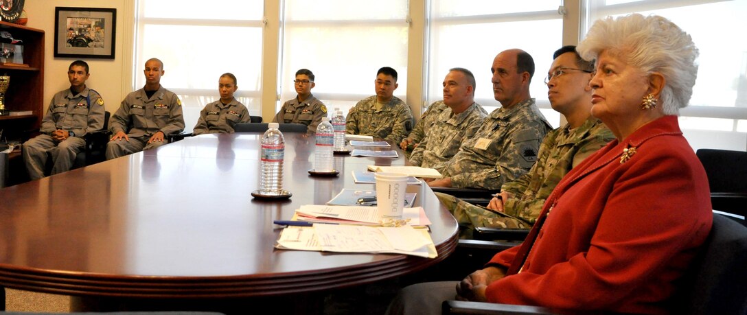 Rep. Grace Napolitano, D-Norwalk; Brig. Gen. Mark Toy, USACE South Pacific Division commander; Brig. Gen. (CA) James Gabrielli, Youth and Community Programs Task Force commander; Col. Steven Buethe, chief of staff for the program sits with Cadets Dantayan Mitchell, Reise Rodriguez, Stephanie Molina and Aylin Camacho during a presentation from Lt. Col. Joel Armstrong, Sunburst Youth Academy Director at Los Alamitos Joint Forces Training Base.