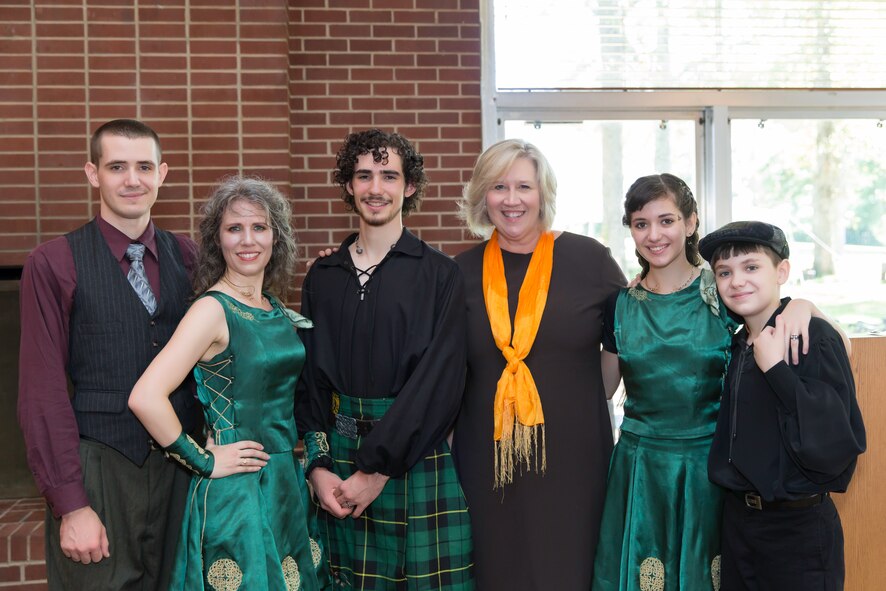 AEDC Woman’s Club president, Kate Canady, fourth from the left, greets the group “Triquetra and One Random Guy” an Irish step dancers group of Wartrace, who performed at the Oct. 6 meeting of the club. Members of the group pictured here are (left to right) Philip Sugg, Tracy H. Sugg, Colt Sugg, Crimson Rose Sugg and Robert P. Sugg. The dance group may be followed on Facebook under the name “Triquetra Irish Step Dancers and one random guy.” (Photo provided)