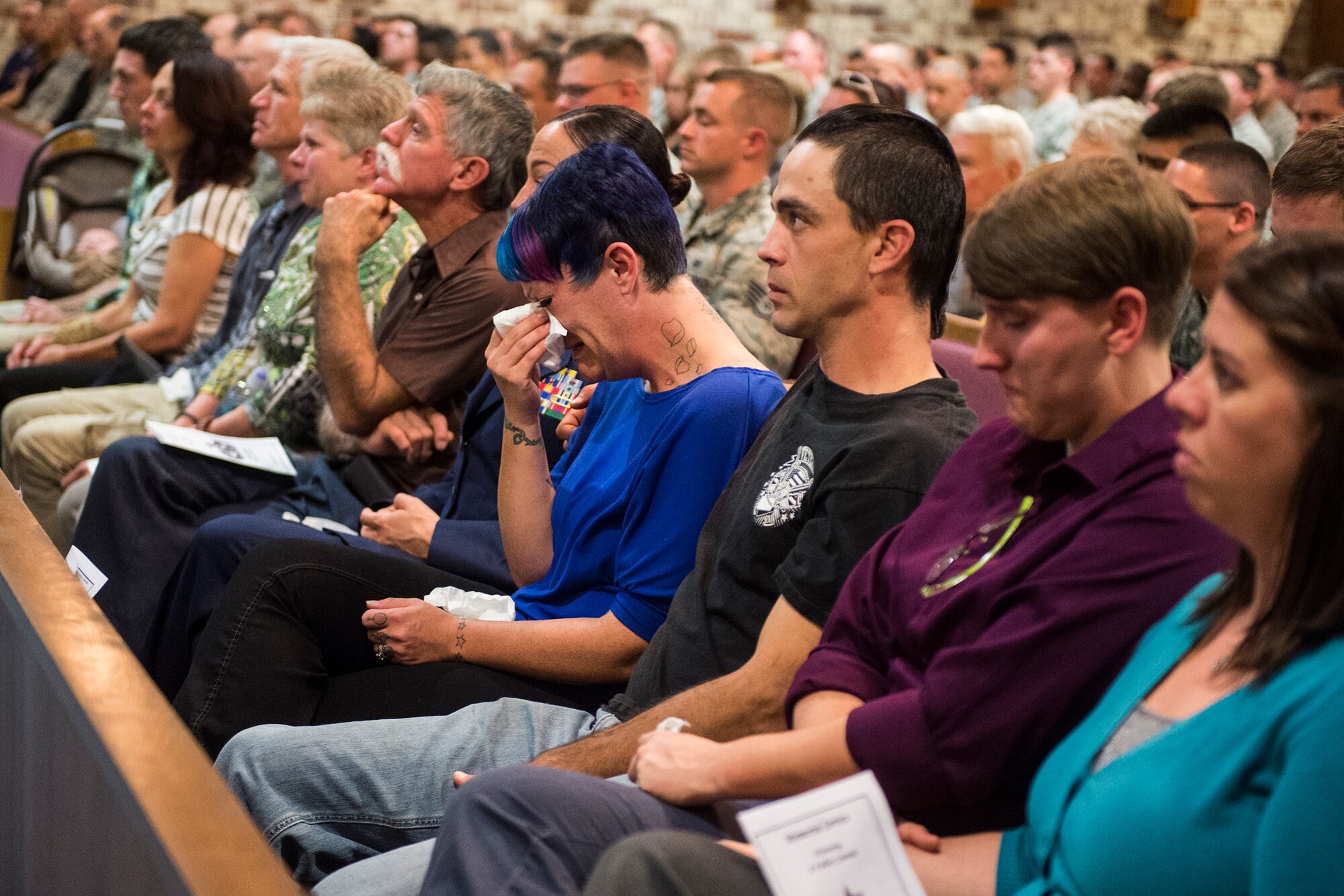 Airmen, family and friends gathered to honor the life of U.S. Air Force Tech. Sgt. Marissa Hartford during her memorial ceremony at the base chapel Oct. 16, 2015, at Moody Air Force Base, Ga. Hartford was a 723d Aircraft Maintenance Squadron Airman, who passed away on Oct. 14, 2015. (U.S. Air Force Senior Airman Ceaira Tinsley/Released)