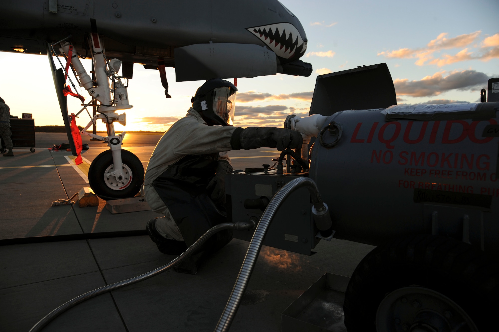 U.S. Air Force Senior Ashviel Cruz Aponte,  74th Expeditionary Fighter Squadron crew chief, services the liquid oxygen system on an A-10 Thunderbolt II attack aircraft at Amari Air Base, Estonia, Oct. 5, 2015. With a boiling point of -297 degrees Fahrenheit, crew chiefs must wear proper personal protective equipment when while working near liquid oxygen to ensure their safety. (U.S. Air Force photo by Andrea Jenkins/Released)