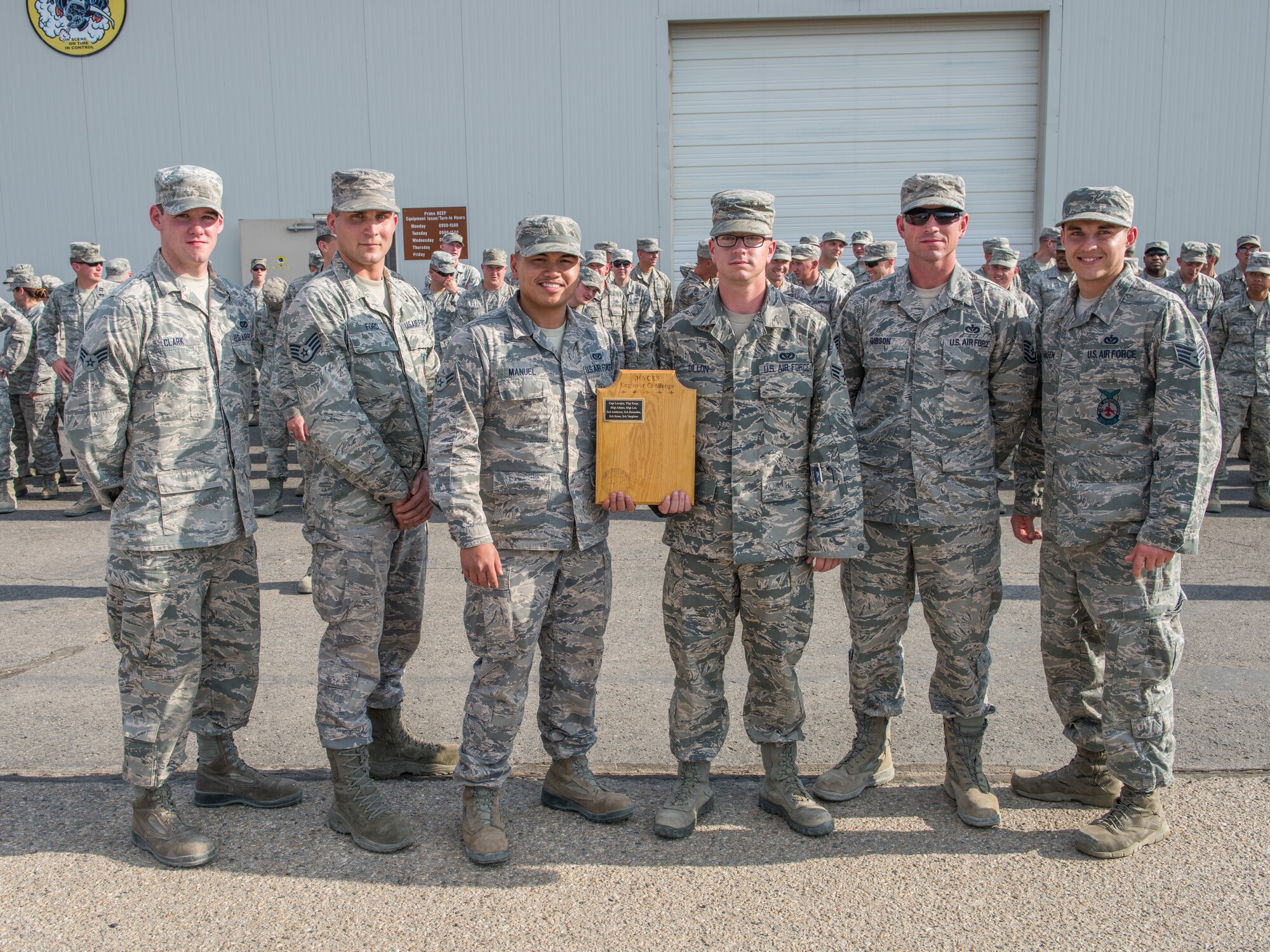 (From the left) Senior Airman Dennis Clark, Staff Sgt. Tyler Ford, Airman 1st Class Joshuajun Manuel, Senior Airman Blake Dillon, Tech. Sgt. Matthew Gibson and Staff Sgt. Derek Hansen pose for a photo after being declared the 3rd annual CE Readiness Challenge Champions Oct. 15, 2015 at Mountain Home Air Force Base, Idaho. The airmen are assigned to various sections in the squadron and came together for a look at how each other’s jobs are done. (U.S. Air Force photo by Airman 1st Class Connor J. Marth)