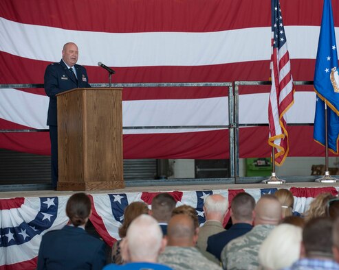 U.S. Air Force Major Garth Ranz, 489th Maintenance Squadron commander, speaks to a crowd during the 489th Bomb Group reactivation ceremony, Oct. 17, 2015, at Dyess Air Force Base, Texas. Establishing a reserve unit helps retain Airmen already trained in their fields when they choose to leave active duty, allowing reservists to collaborate with active duty members in a local environment for more seamless collaborations when deployed.  (U.S. Air Force photo by Airman Quay Drawdy/Released)