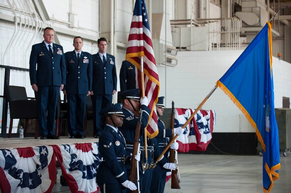 Dyess Honor Guard members present the colors during the 489th Bomb Group reactivation ceremony Oct. 17, 2015, at Dyess Air Force Base, Texas. Exactly 70 years after it was inactivated, the 489th BG was reactivated as an Air Force Reserve unit. (U.S. Air Force photo by Airman Quay Drawdy/Released)